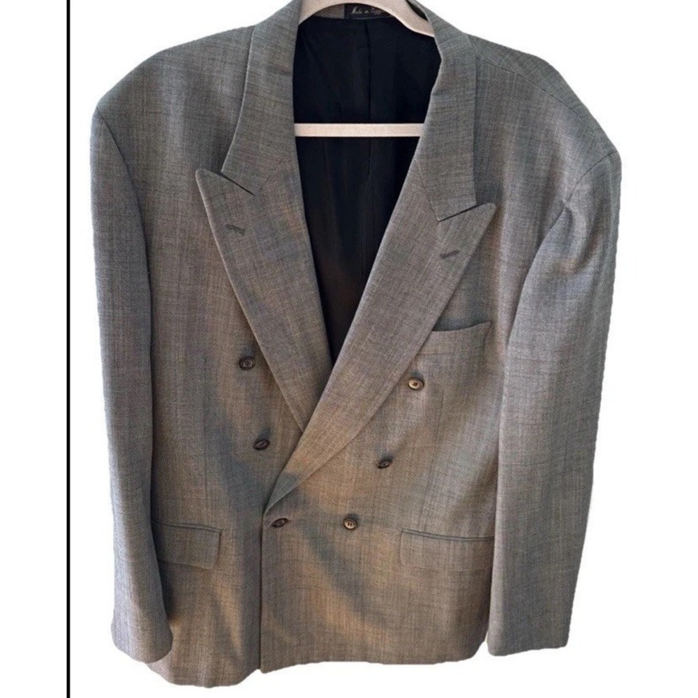 Vintage J Riggins 2 Piece Suit Pure Wool 44r Gray Plaid Double Breasted